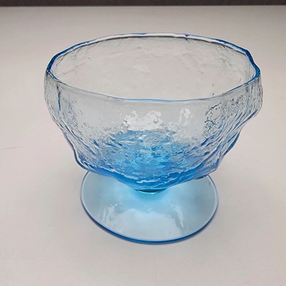 Vintage Seneca Driftwood Peacock Blue Crinkle Glass Footed Dessert Cup